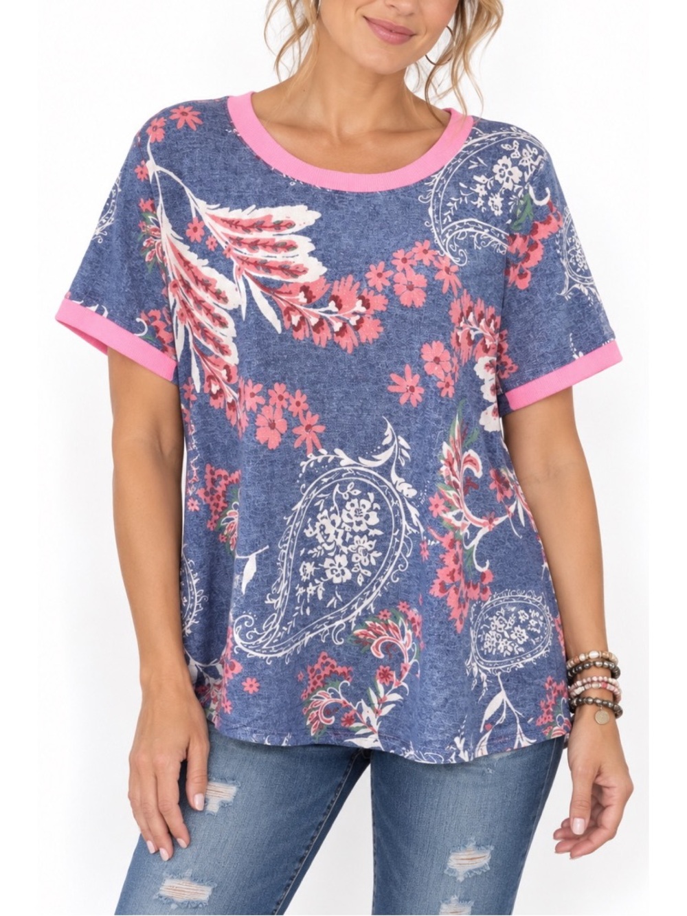 Honeyme blue & neon pink paisley print tee